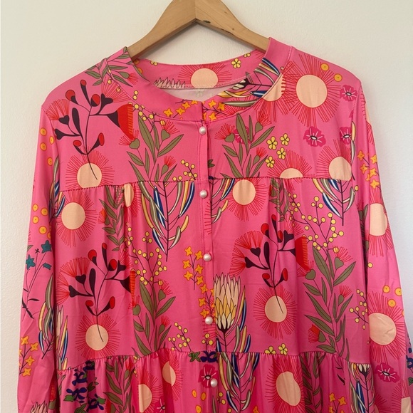 NEW Tiered Boho Maxi Dress with Pockets Fuschia Floral Long Sleeves - Picture 6 of 12